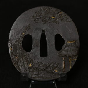Marugata iron tsuba landscape