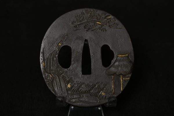 Marugata iron tsuba landscape